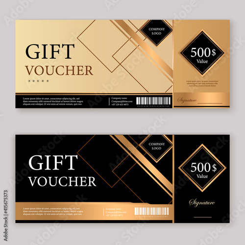 Discount voucher template with gold and black certificate. Background design coupon, invitation, currency. Set of stylish discount voucher gold and black. gift card, coupon.