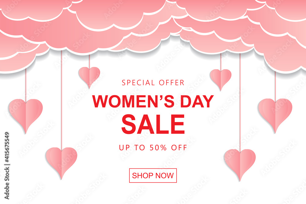 Pink clouds and hanging hearts on white background with promotion text for 8 March international womens day holiday