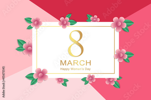 8 March international womens day holiday greeting card template. Golden number eight decorated with flowers in space for text