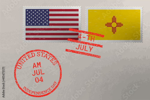 Postage stamp envelope with New Mexico and USA flag and 4-th July stamps, vector.