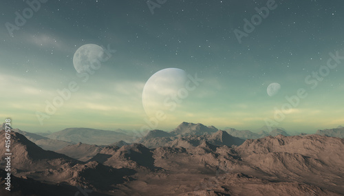 3d rendered Space Art  Alien Planet - A Fantasy Landscape with blue skies and clouds