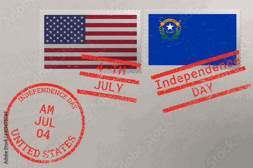 Postage stamp envelope with Nevada and USA flag and 4-th July stamps, vector.