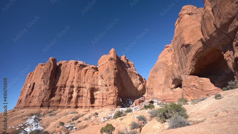 Arches National Park, Moab, Utah USA. Sandstone Cliffs and Caves on Sunny Winter Day, Panorama Arches National Park, Moab, Utah USA. Sandstone Cliffs and Caves on Sunny Winter Day, Panorama