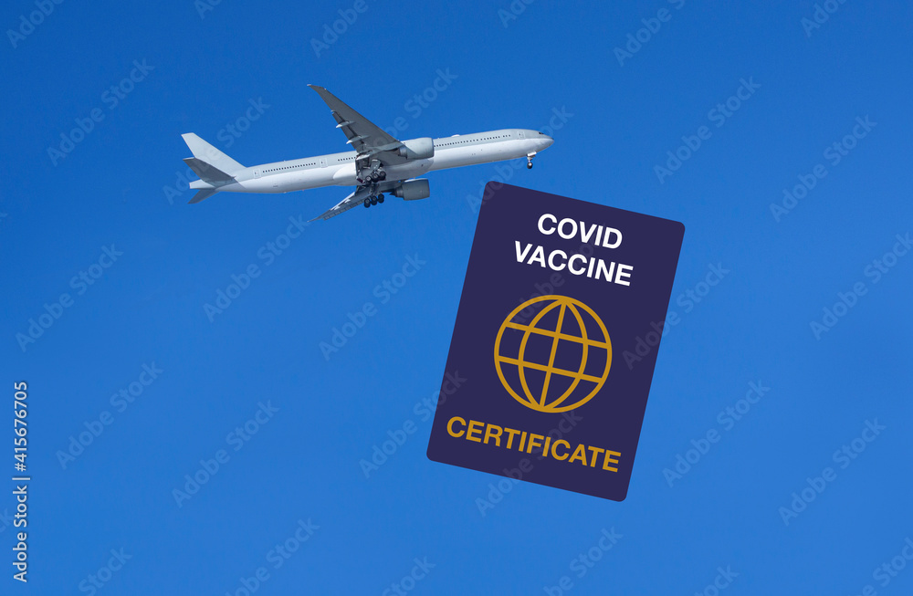 Covid certificate certifying immunity and data protection in order to enable foreign travel. Image showing certificat and unidentified passenger airplane in the blue sky. Covid certificate certifying immunity and data protection in order to enable foreign travel. Image showing certificat and unidentified passenger airplane in the blue sky.