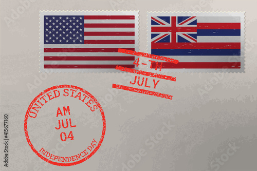 Postage stamp envelope with Hawaii and USA flag and 4-th July stamps, vector.