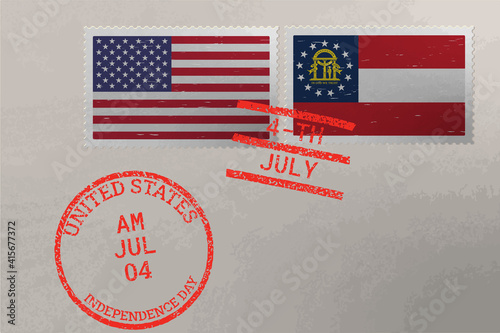 Postage stamp envelope with Georgia and USA flag and 4-th July stamps, vector.