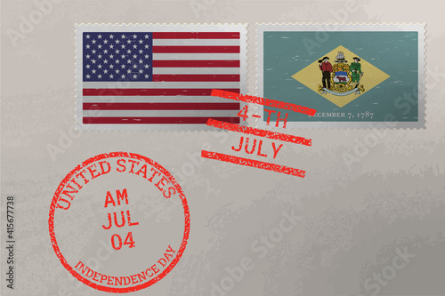 Postage stamp envelope with Delaware and USA flag and 4-th July stamps, vector.
