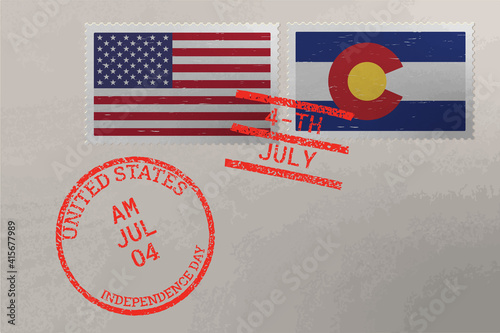 Postage stamp envelope with Colorado and USA flag and 4-th July stamps, vector.