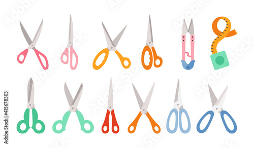 Scissor cartoon set. Hand drawn professional pair of scissors cutting hair or needlework. Craft and scissoring flat creative scissors. Open, closed cutting or nippers collection. Vector illustration