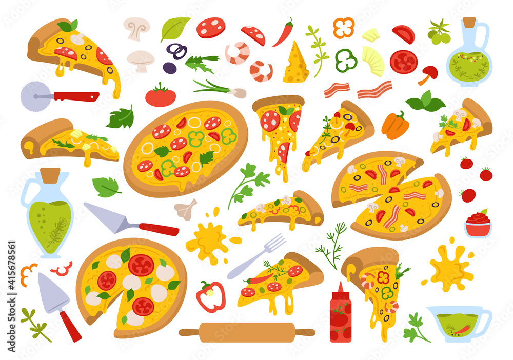 Pizza cartoon set. Italian hand drawn pizzas with greens, pepper, tomato, olive, cheese, mushroom. Margarita and hawaiian, pepperoni or seafood, mexican. Pizza pieces and ingredients vector collection Pizza cartoon set. Italian hand drawn pizzas with greens, pepper, tomato, olive, cheese, mushroom. Margarita and hawaiian, pepperoni or seafood, mexican. Pizza pieces and ingredients vector collection