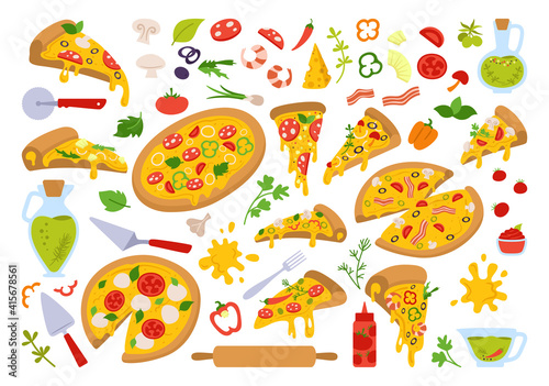 Pizza cartoon set. Italian hand drawn pizzas with greens, pepper, tomato, olive, cheese, mushroom. Margarita and hawaiian, pepperoni or seafood, mexican. Pizza pieces and ingredients vector collection