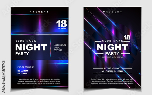 Night dance party music layout cover design template background with colorful dark blue glitters style. Light electro vector for music event concert disco, club invitation, festival poster, flyer