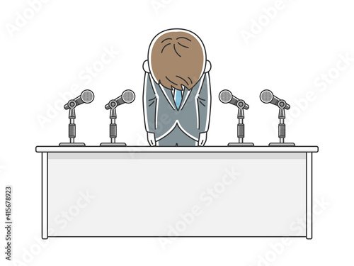 記者会見で謝罪する男性のイラスト