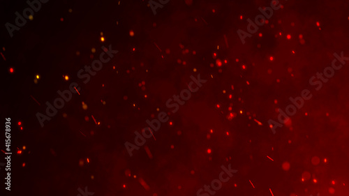 Fire sparks background. Fire flying sparks. Burning red sparks. Abstract dark glitter fire particles lights. 3D rendering.