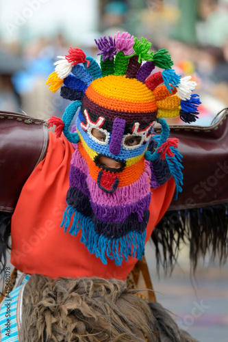 Man doing traditional dance while Quito celebrates the anniversary of its Spanish foundation, Plaza de Santo Domingo, Quito, Ecuador