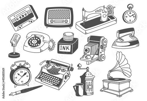 vintage equipment collection line art vector illustration
