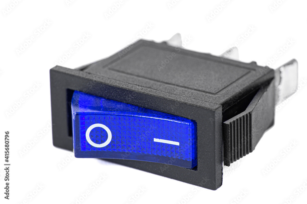 Blue power switch at ON position, isolated on white background Blue power switch at ON position, isolated on white background