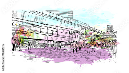 Building view with landmark of Bangkok is the
capital of Thailand. Watercolour splash with hand drawn sketch illustration in vector.