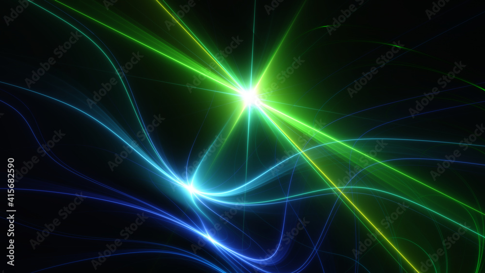 Fototapeta premium Abstract background, smooth blue and green lines on a black background.