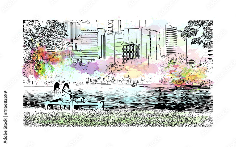 Building view with landmark of Bangkok is the
capital of Thailand. Watercolour splash with hand drawn sketch illustration in vector.