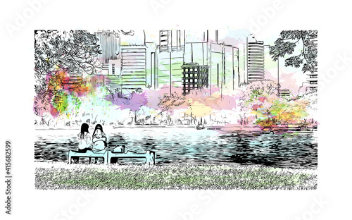 Obraz na płótnie Building view with landmark of Bangkok is the
capital of Thailand. Watercolour splash with hand drawn sketch illustration in vector. w salonie