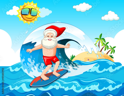 Santa Claus surfing at the beach for summer christmas © blueringmedia