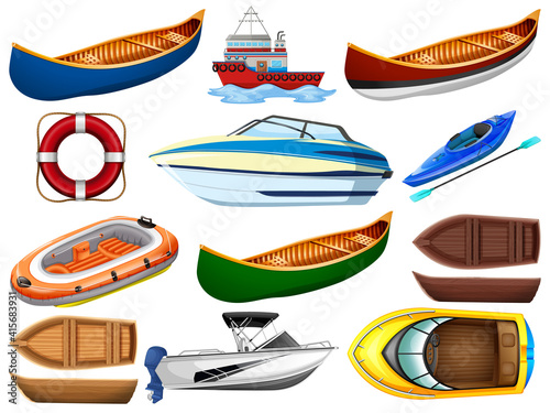 Set of different kind of boats and ship isolated on white background