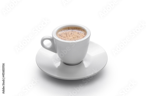 Aromatic coffee drink in white cup on white background