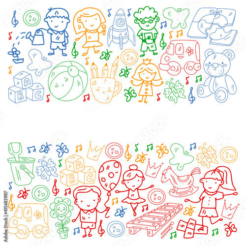 Vector pattern. Kindergarten and toys. Little children game. Kids playground. Education, creativity, imagination.