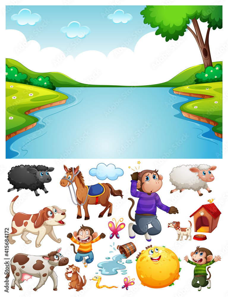 Blank river scene with isolated cartoon character and objects