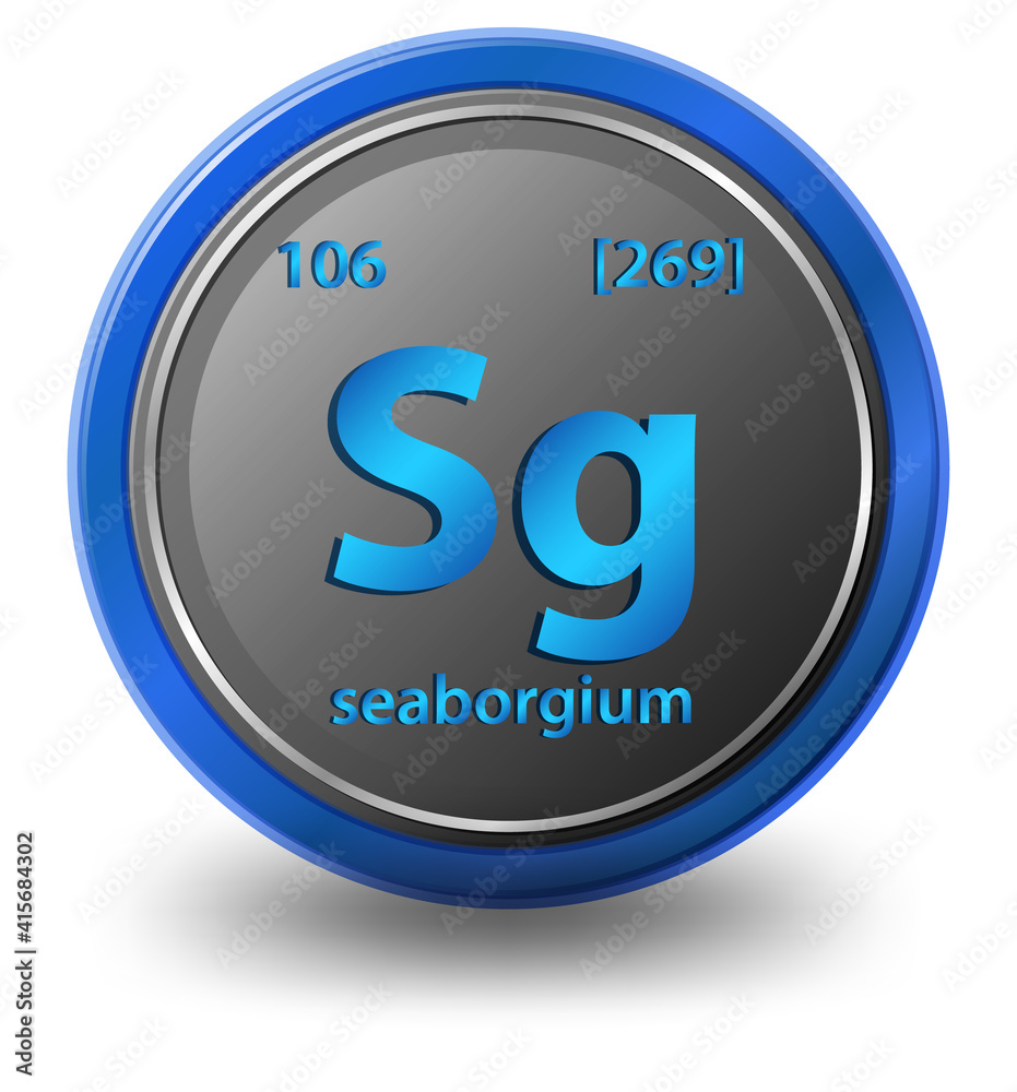 Seaborgium chemical element. Chemical symbol with atomic number and atomic mass. Seaborgium chemical element. Chemical symbol with atomic number and atomic mass.