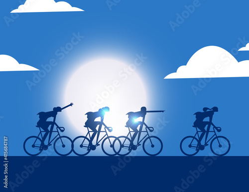 Business team silhouette riding bicycle away forward together