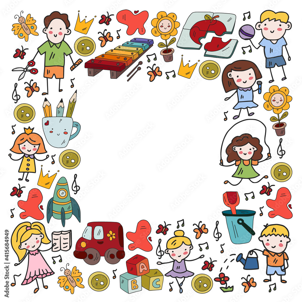 Vector pattern. Kindergarten and toys. Little children game. Kids playground. Education, creativity, imagination.