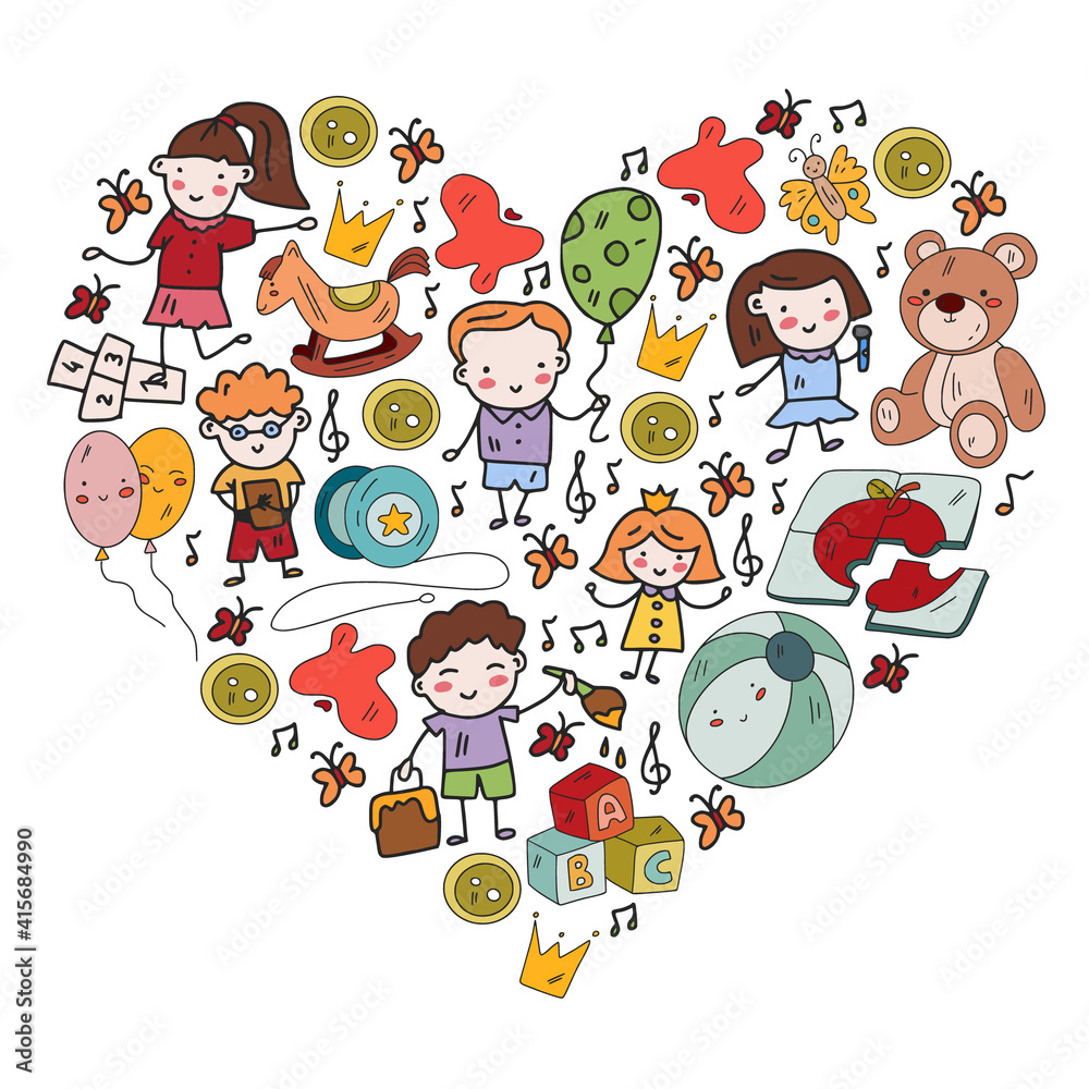 Vector pattern. Kindergarten and toys. Little children game. Kids playground. Education, creativity, imagination. Vector pattern. Kindergarten and toys. Little children game. Kids playground. Education, creativity, imagination.