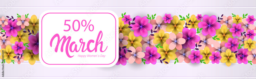 womens day 8 march holiday celebration concept sale banner greeting card poster or flyer with flowers horizontal vector illustration