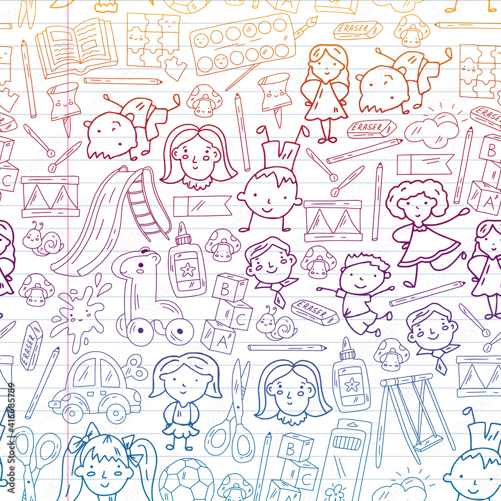 Kindergarten. Vector pattern with toys and small children. Preschool education. Kindergarten. Vector pattern with toys and small children. Preschool education.