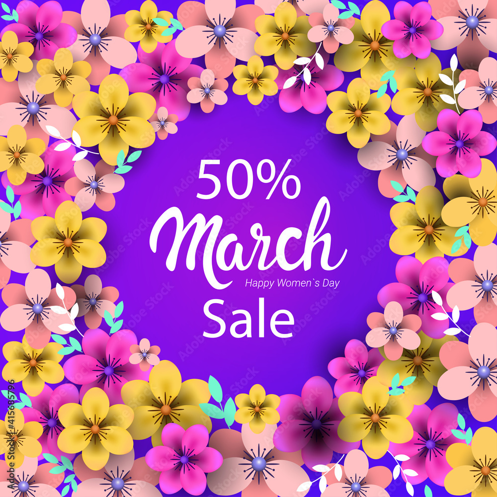 womens day 8 march holiday celebration concept sale banner greeting card poster or flyer with flowers vector illustration