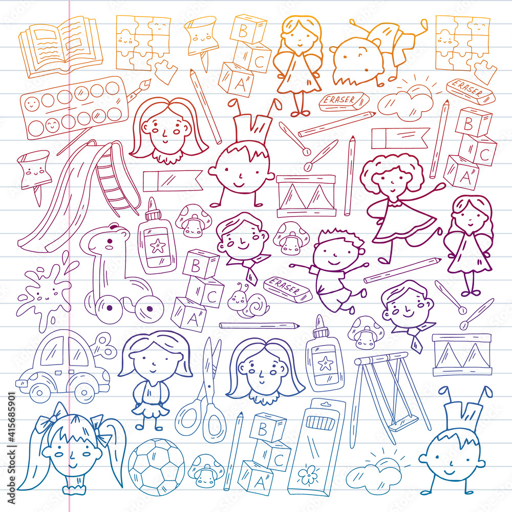 Kindergarten. Vector pattern with toys and small children. Preschool education.