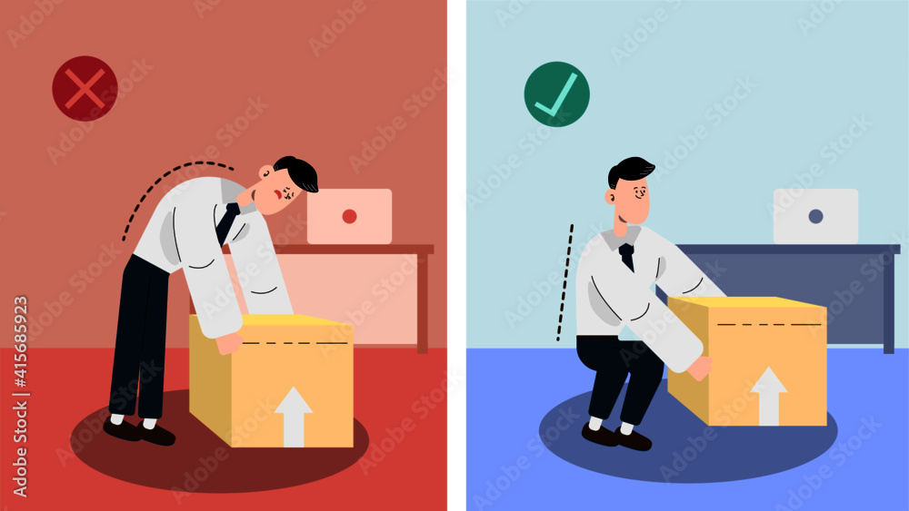 Correct and incorrect way of lifting heavy item in office. Correct and incorrect way of lifting heavy item in office.