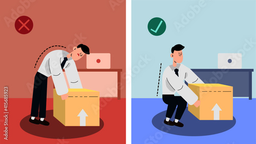 Correct and incorrect way of lifting heavy item in office.
