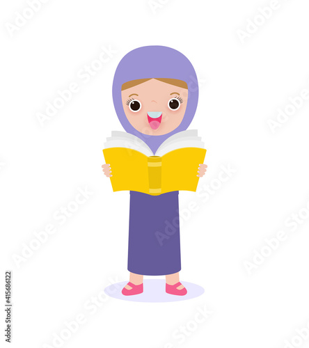 Cartoon happy muslim arabian kids standing and reading a book, cute pupil reading a book children back to school Flat Vector Illustration isolated on white background