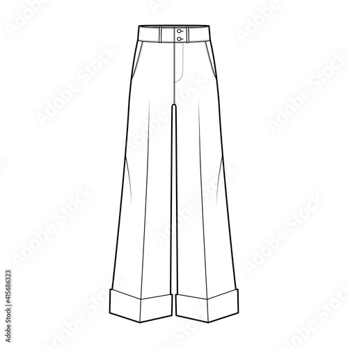 Pants oxford tailored technical fashion illustration with low waist, rise, full length, slant slashed jetted pockets. Flat trousers apparel template front, white, color. Women men unisex CAD mockup