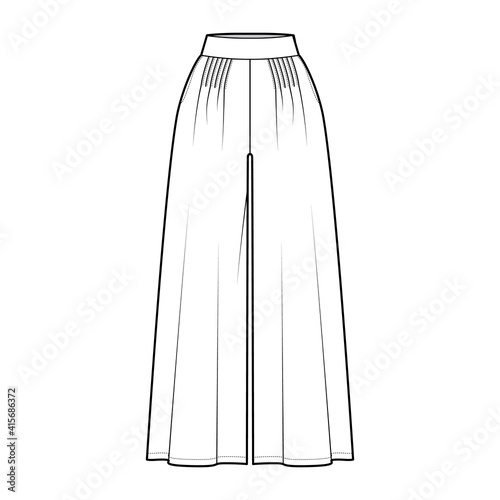 Pants gaucho technical fashion illustration with normal waist, high rise, pleats, ankle cropped length, seam pockets. Flat trousers apparel template, white color. Women, men, unisex CAD mockup