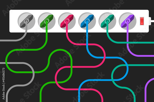 Power strip and tangled colored power cords of electrical appliances