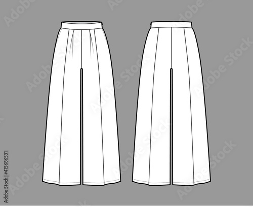 Pants gaucho technical fashion illustration with low waist, rise, single pleat, ankle cropped length, seam pockets. Flat trousers apparel template back, white color. Women, men, unisex CAD mockup