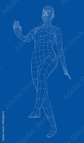 Wireframe walking woman. Vector