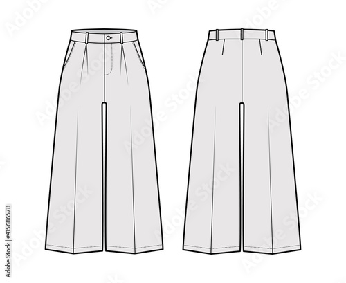 Pants capri technical fashion illustration with low waist, rise, single pleat, mid-calf length, wide legs, seam pockets. Flat trousers apparel template back, grey color. Women, men, unisex CAD mockup