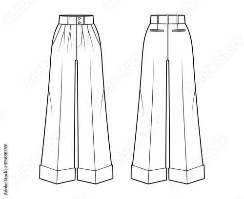 Pants oxford tailored technical fashion illustration with normal waist, high rise, full length, double pleat, slant jetted pockets. Flat template front, back white color. Women men unisex CAD mockup