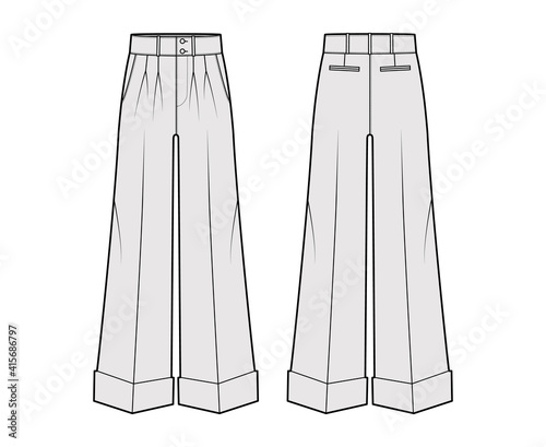 Pants oxford tailored technical fashion illustration with low waist, rise, full length, double pleat, slant slashed jetted pockets. Flat trousers apparel template front, back grey color. Women men CAD