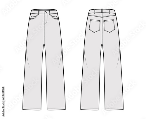 Baggy Jeans Denim pants technical fashion illustration with full length, low waist, rise, Rivets, belt loops. Flat bottom apparel template front, back, white color style. Women, men, unisex CAD mockup